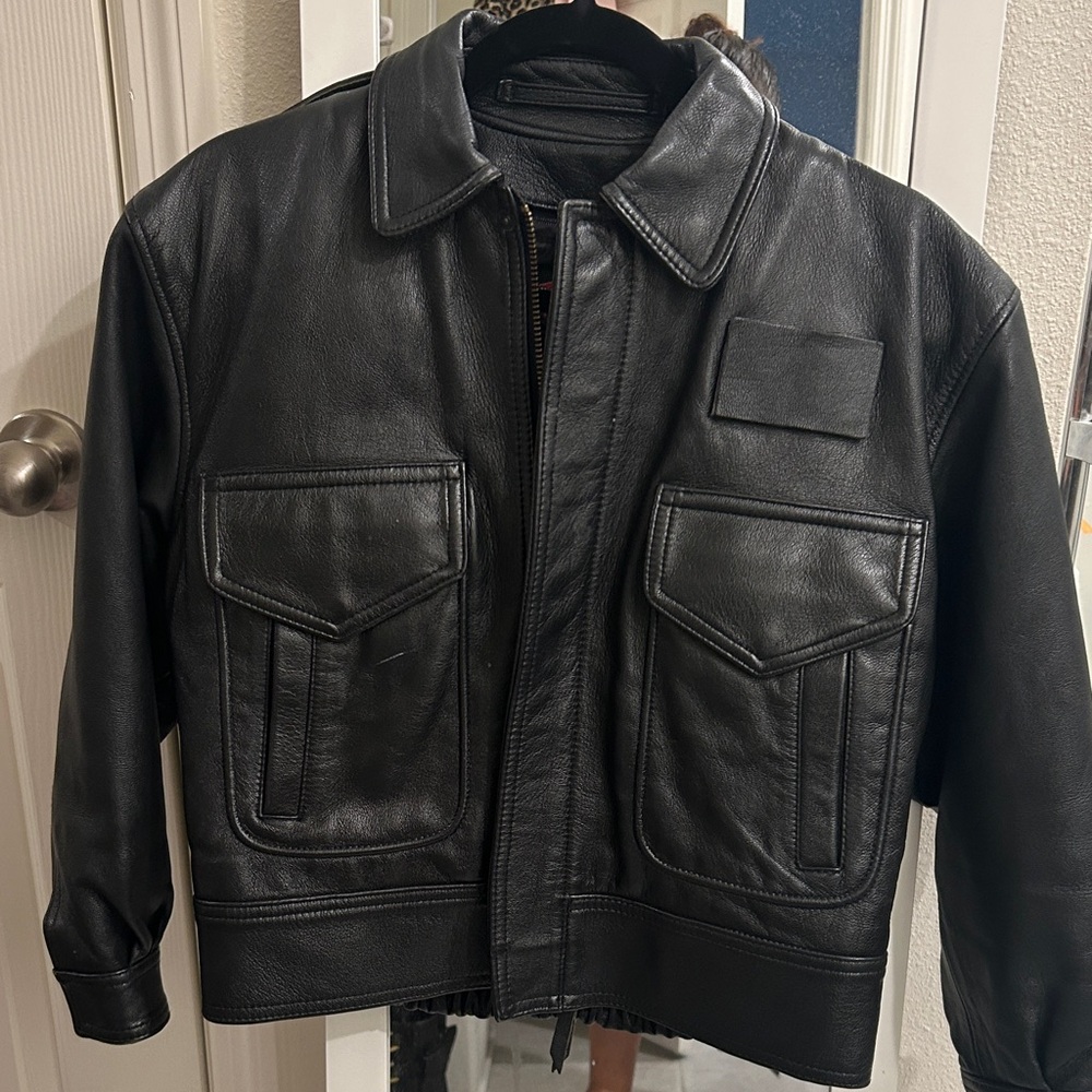 Chaps Black Leather Bomber Jacket